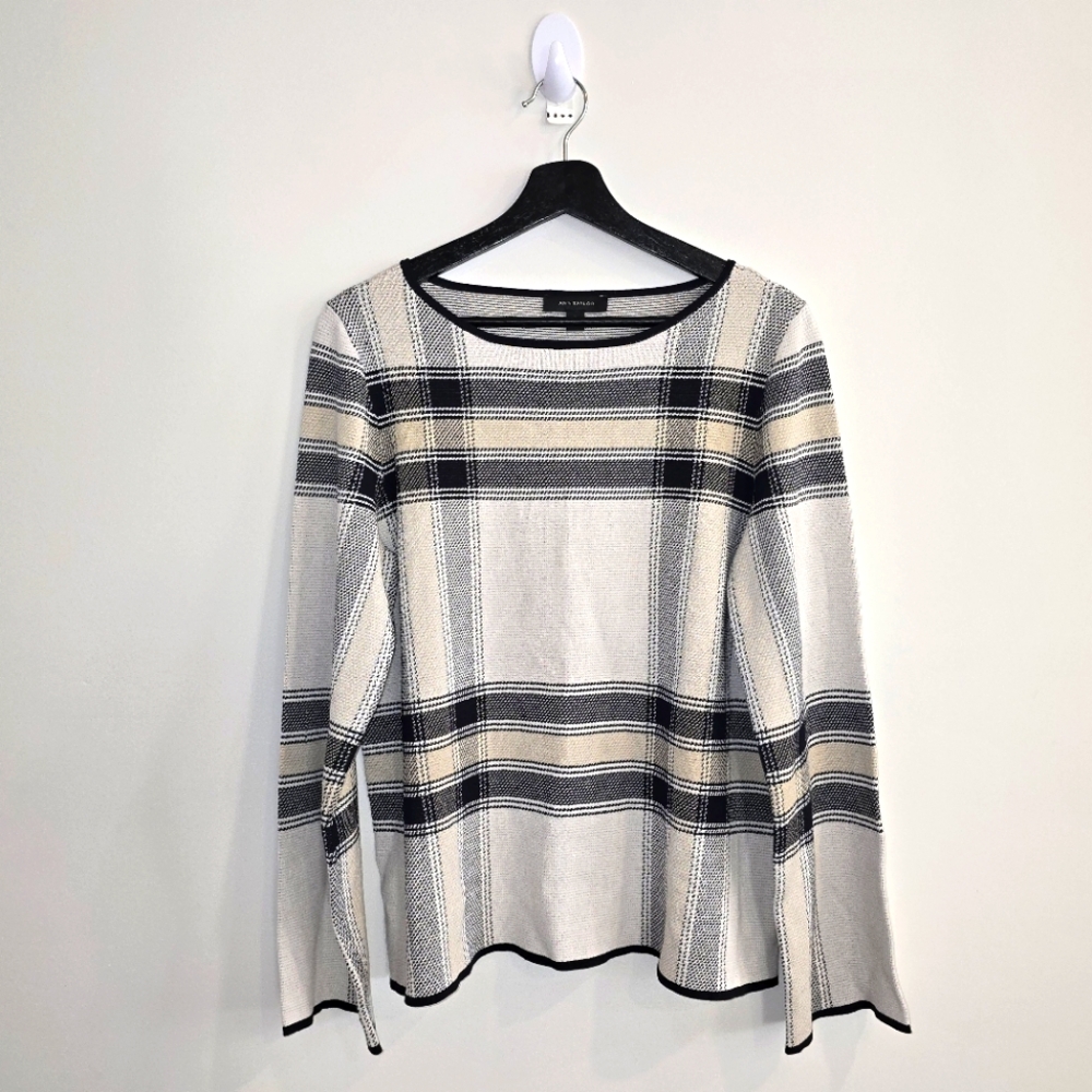 Ann Taylor Plaid Crew Neck Sweater - Black, Cream, Tan